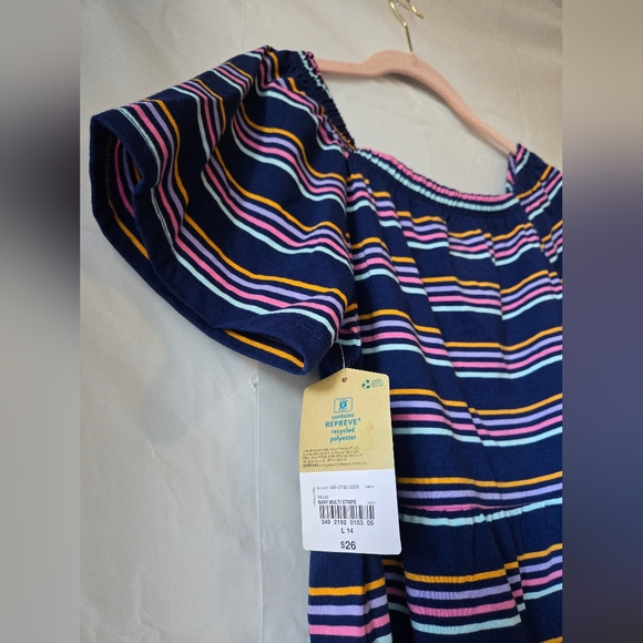 Girl's Striped Short Sleeve Dress in Navy and Pink with Fitted Waist and Collar - Picture 5 of 6